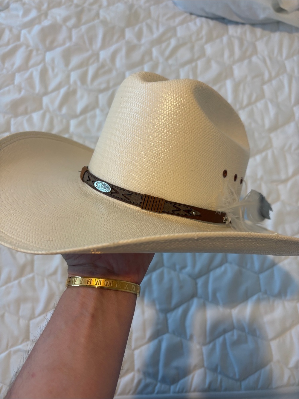 Stetson Cream Straw Cowboy Hat with Brown Leather Band